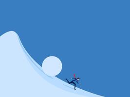 man runs away from a large snowball rolling down a hill. vector