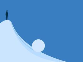 Businessman standing watching the snowball roll from the top of the mountain getting bigger and bigger vector