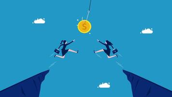 two business people are climbing up a cliff to get a coin vector
