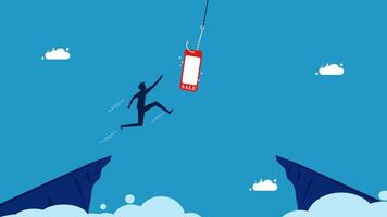 a man is hanging from a cliff with a phone in his hand vector