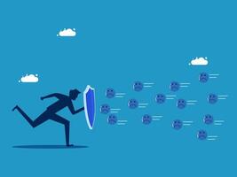 businessman running with shield and many small blue dots vector