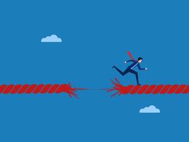 Crisis, life on the line, businessman running on a rope that is about to break vector