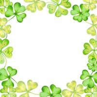 Square frame of shamrock, four leaf clover for St. Patrick's Day. Watercolor illustration. Hand drawn isolated art. Botanical background with space for text, copy space. Clover talisman for good luck vector