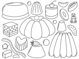 Jelly candy and cakes doodle set. Gummy desserts in different shapes set vector