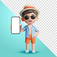 Man in summer clothes shows smartphone screen in his hand, 3d. Suitable for both vacation and business vector