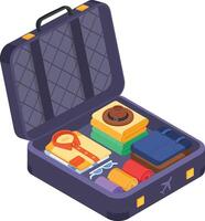 Isometric Open Suitcase with Clothes and Accessories vector