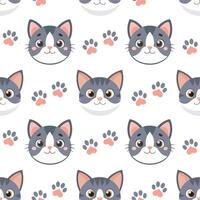 Seamless pattern of cat faces and paw prints. Kittens seamless pattern. Cute background for kids vector