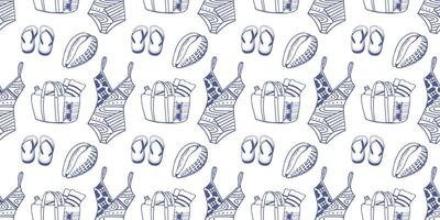Summer beach seamless pattern with swimsuit, beach bag, flip-flops, and seashell. Vacation background, tropical print. vector