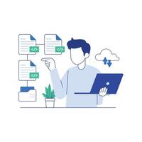 Software developer downloading and uploading digital files for protective storage vector