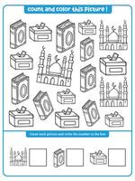 Ramadan themed I spy game for kids. counting and coloring activity vector