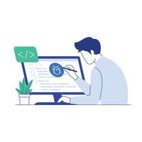 Software developer code testing and debugging flat illustration vector