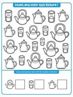 Counting and coloring activity with glass and teapot objects vector