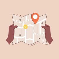 Hands holding a map with route and destination point flat illustration in doodle style vector