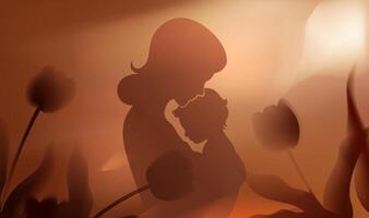 Mother's Day horizontal illustration of a mother and child in light and shadow vector