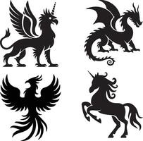 A clip art set of mythical creature silhouettes in black on a white background. Include a dragon, a unicorn, a griffin, and a phoenix. vector