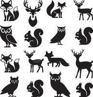 Clipart set of forest animal silhouettes in black on a white background. Include a fox, a deer, an owl, and a squirrel vector