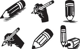 Pencil Logo and Icon Set in Silhouette Style, Creative Stationery Symbols for Art and Design vector