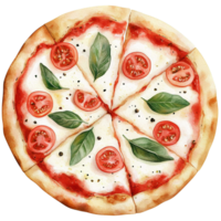 Watercolor painting of a pizza with tomatoes and basil png