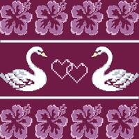 Swan couple pixel illustration. seamless pattern with valentine heart swans goddess of love. pixel pattern. cross stitch.Pixel art pink sakura flowers for pattern, background, decoration. vector