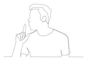 Continuous one line art of a man sitting with his index finger to his lips, concept of silence, ignorance, keeping a secret, possessing a secret, hiding information. vector