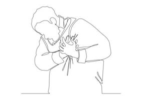 man is holding his heart with both hands, his mouth is wide open. One continuous line drawing concept of heart attack. vector
