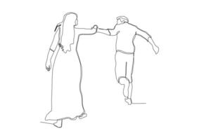 Continuous one line drawing of man is trying to hold a woman who is reaching out with her hand somewhere. vector