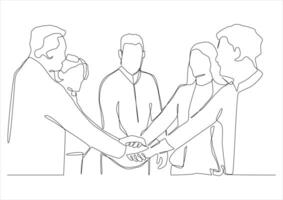 Continuous one line art of group of people from men and women put their hands together, the concept solidarity, teamwork, association, groups of friends, friendly team, sports team, team building. vector