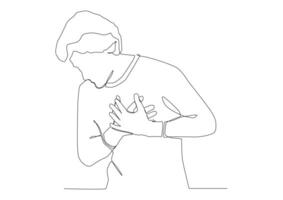Continuous one line art of man put both palms on his heart his head lowered to the bottom, concept to listen to the heart, heart attack, be kind, man in love . vector