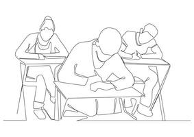 Continuous one line art of students are sitting at their desks for the exam, offline learning concept, students adolescents without masks complete assignment or take lecture notes. vector