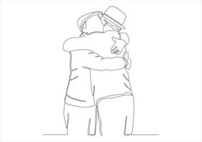 Continuous one line art of men hugging, concept of relationships between friends, brothers vector