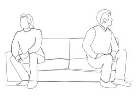 One continuous line art of two men who turned away from each other. The concept of quarrel, disagreement, misunderstanding, conflict. vector