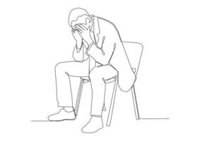 Continuous line art of overworked businessman is under stress with headache. Worried man. vector