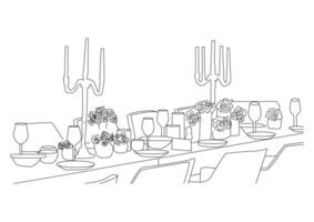 One line art of long table set for guests and decorated with flowers and candles. vector
