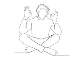 Continuous one line art of man meditates while sitting on the floor. vector
