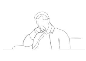 Continuous one line art of a crying man, his hand pressed to his face. vector