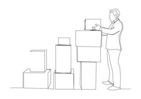 Continuous one line art of man reaches up to place a box on top of a stack of boxes. internet order packaging concept, big stack of gifts. vector