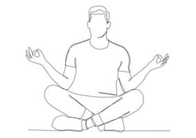 Continuous one line art of man sitting in a pose for meditation and breathing practices, relaxation concept, yoga class, calmness, simple physical activity. vector