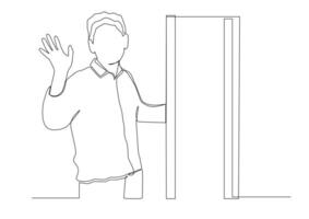 Continuous one line art of man smiles and waves his hand peeping out of the opened door, the concept of a benevolent greeting or goodbye. vector