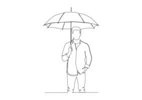 Continuous one line art of a man holds an open umbrella above himself, Silhouette of a modern attractive man in a shirt. vector