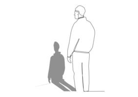One line art of man stands near the wall, the concept of self-reflection, self-knowledge, looking at yourself. vector