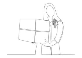 Continuous one line art of young woman stands and holds large boxes stacked on top of each other. vector