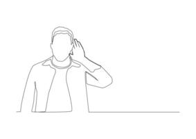Continuous one line art of a man put his hand to his ear to hear better. One line drawing concept of agreement with what you hear, good news. vector