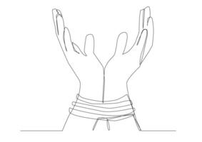 female hands tied with a rope on the wrists, one continuous line drawing concept of a prisoner in captivity, disability. vector