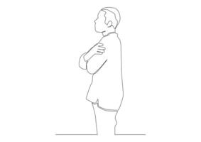 Continuous one line art of man hugs himself. Concept of self-help, reflection, therapy, independence, loneliness, lack of warmth, desire for closeness, crave hug, hug, self-hug, support, self-support vector