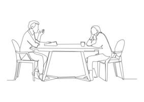 Continuous one line art of man and woman are sit side by side in easy chairs and lean towards each other. vector