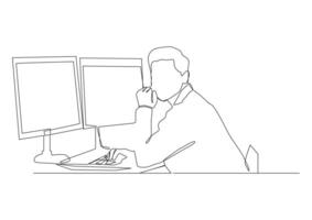 Continuous one line drawing works at once for two computers, his hand on a computer mouse. vector