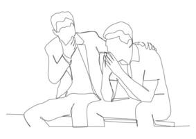 Continuous one line art of man comforts another crying man, concept of man consoles friend, emotional support, empathy, kindness, openness, responsiveness. vector
