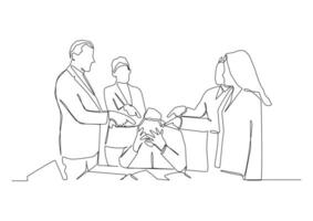 Continuous one line drawing group of people sit at a table and point fingers at each other. vector