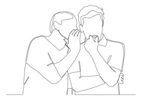 Continuous one line art of Two men stand close by, one whispers something in the ear of the other. The listener opened his mouth in surprise. vector