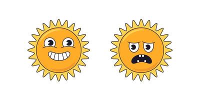 sun with happy and sad face, retro cartoon character, stickers vector